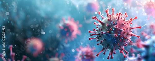 Close up banner of floating virus cells, bacteria, microbes on blurred background with copy space. Abstract 3d render visualization of covid, flu, infection disease. Сoncept for  hospitals, clinics. photo