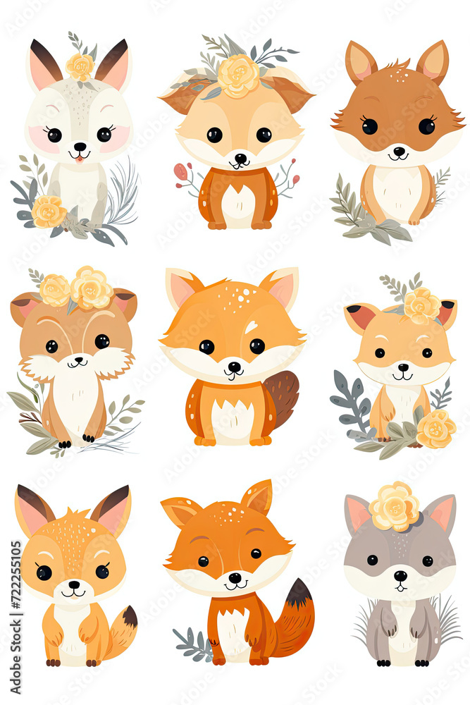 Group of Foxes With Flower Crowns in a Meadow Group of Foxes With Flower Crowns in a Meadow