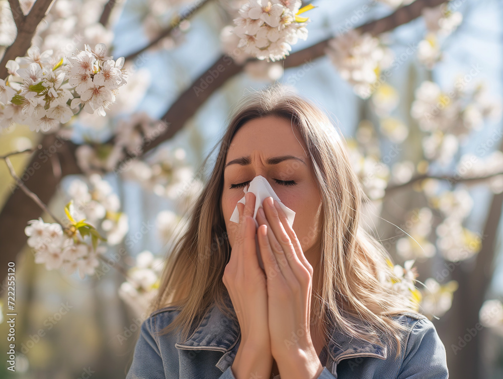 Woman Sneezing Due to Allergies, Using Tissue Outdoors in Springtime Amidst Blooming Trees. Spring Allergy. Woman Sneezing Due to Allergies, Using Tissue Outdoors in Springtime Amidst Blooming Trees. Spring Allergy.