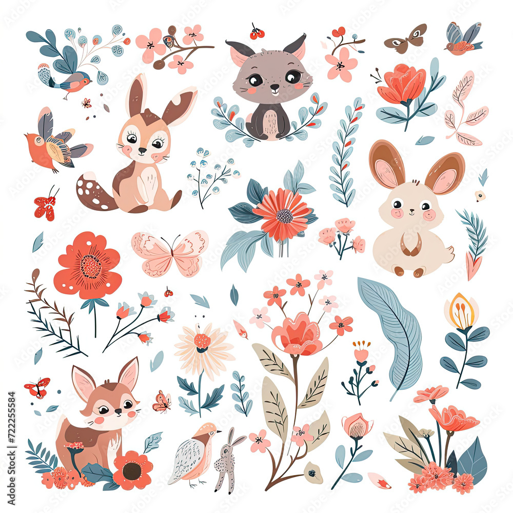 Assorted Animals and Flowers Against a White Background Assorted Animals and Flowers Against a White Background