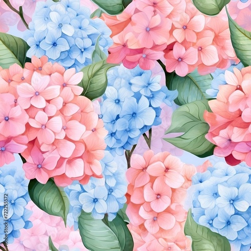 Hydrangea flowers, leaves, watercolor, fabric pattern, seamless, multi-colored background, the art of description. Printed dot pattern This theory is sometimes viewed as romantic. Eat inside 