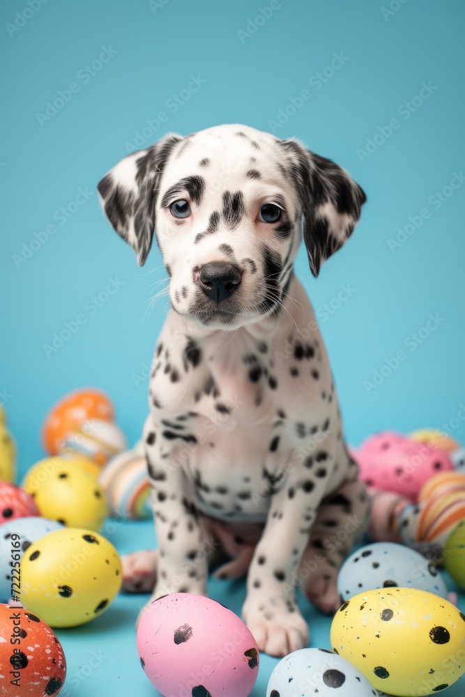 Dalmatian Puppy Surrounded by Easter Eggs