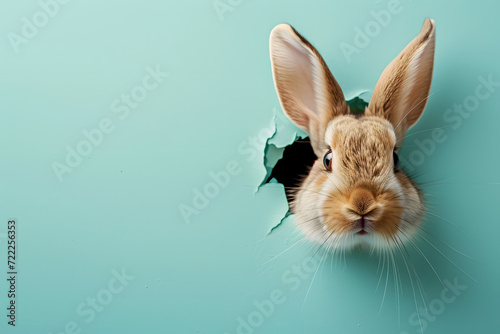 Easter bunny rabbit peeking out of a hole in pastel wall background.
