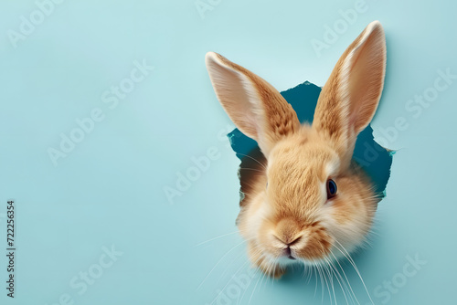 Easter bunny rabbit peeking out of a hole in pastel wall background.