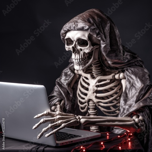 Skeleton using a laptop on a silwer background. photo