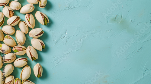 Open pistachio nuts on a textured turquoise surface.