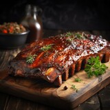 Smoked Barbecue BBQ pork spare loin ribs St Louis cut with hot honey chili marinade burnt as closeup on an old rustic board