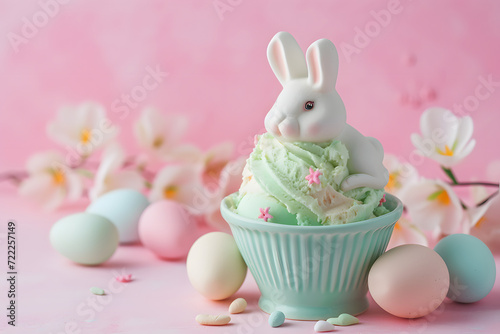 Easter eggs and bunny with ice cream in bowl.