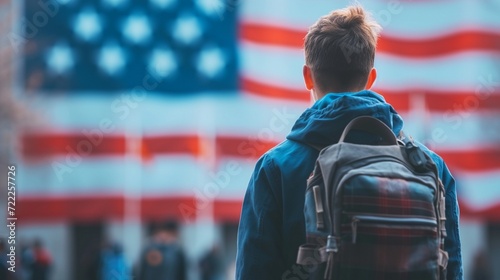 a blurry US flag and a student with a backpack a USA, USA student, f-1 visa, student visa, American student, American university, education in the US, back to school in the US