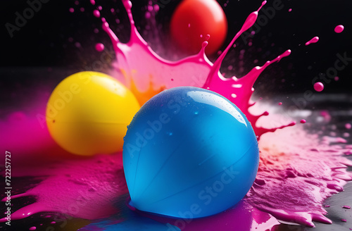 Colorful water balloon bursts, illustrating dynamic and playful nature of Holi on black background