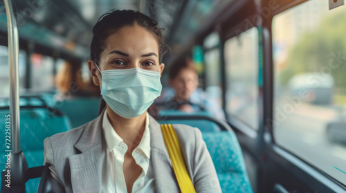 woman is seen inside a bus wearing a face mask, looking contemplatively out the window, with other passengers and the city passing by outside © MP Studio