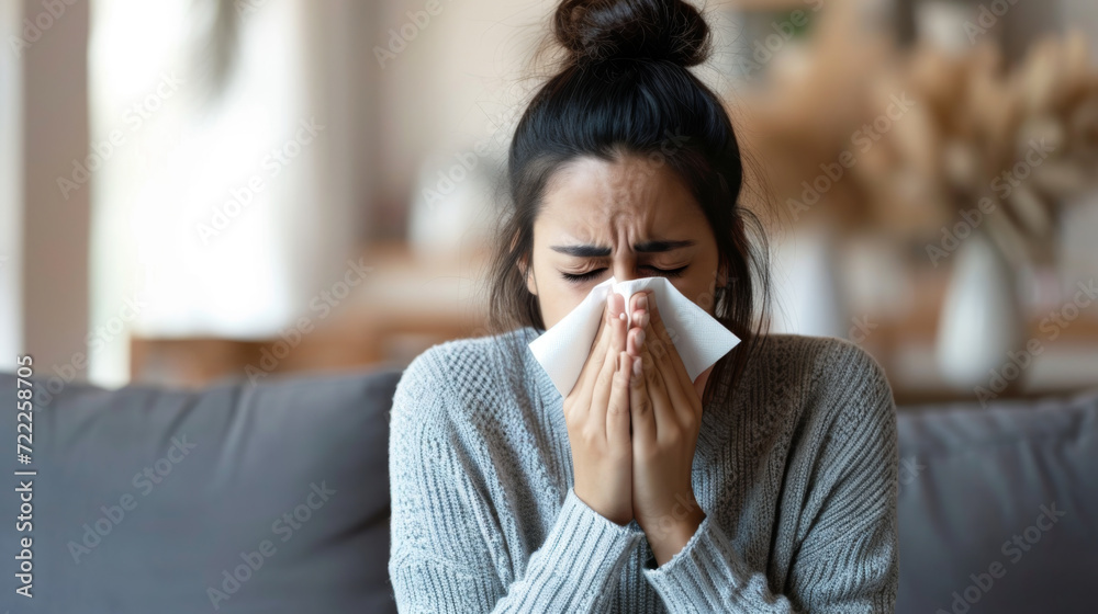 young woman is sneezing or blowing her nose into a tissue young woman is sneezing or blowing her nose into a tissue
