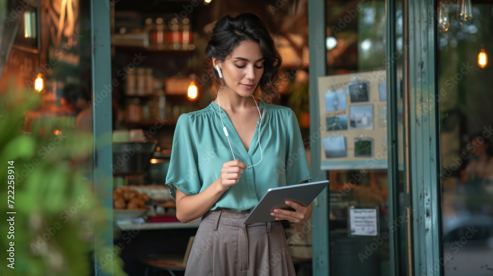 young woman holding a tablet, standing in a cafe