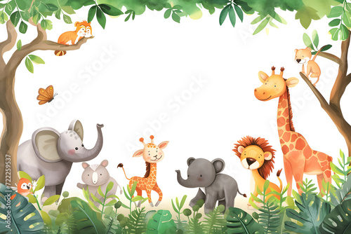 Cute cartoon safari zoo with animal frame border on background in watercolor style. photo