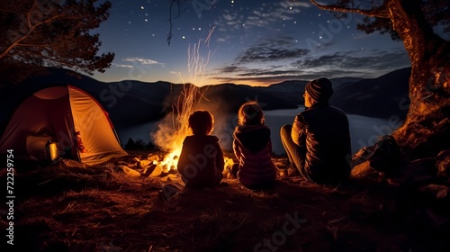 Adventurous family camping trip, capturing the magic of a starry night around a crackling campfire in the great outdoors