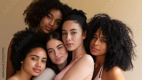 diverse group of five joyful young women are tightly huddled together