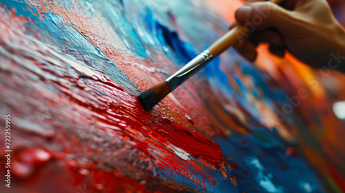 close-up view of a paintbrush applying a thick, vibrant red acrylic paint onto a surface