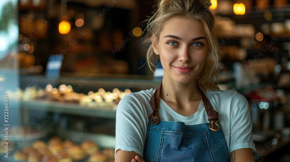 Smiling cake saleswoman against the background of a display of sweets.