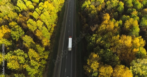 One Semi Truck with white trailer and cab driving, traveling alone on dense flat autumn yellow forest asphalt straight road, highway top down view follow vehicle aerial footage. Freeway trucks traffic