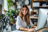 Caucasian Woman Working on Computer Desk Smiling. Businesswoman Running Small Business.