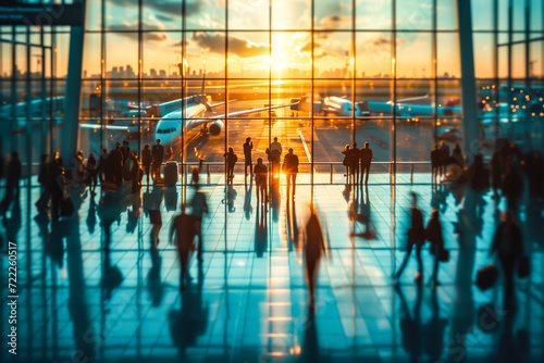 Blurred Image of Passengers at Airport Terminal. People at the Airport. Silhouette of Travelers at the Airport. Travel Concept