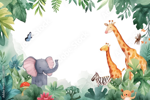 Wallpaper Mural Cute cartoon safari zoo with animal frame border on background in watercolor style. Torontodigital.ca