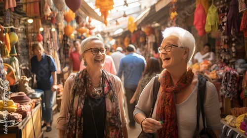 Adventurous senior travelers exploring a vibrant market during a group excursion, embracing cultural experiences