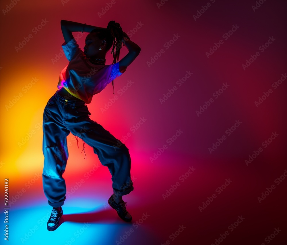 Dynamic Dance Pose in Neon Light