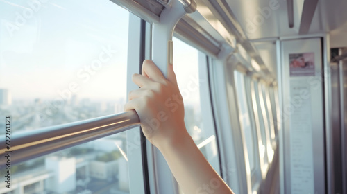 Woman tourist travel in the city by public city sky train system. Woman holding the hand rail in the train close up with copy space. Solo female tourist in modern lifestyle concept. Urban lifestyle. © PaulShlykov
