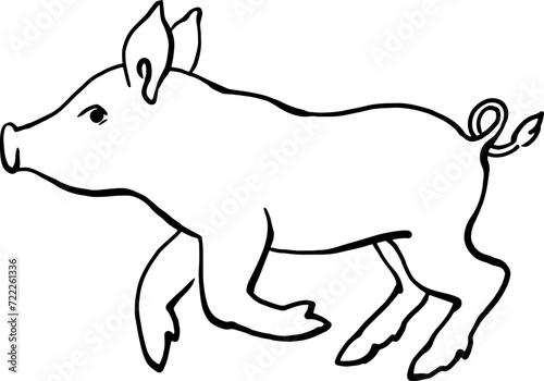The piglet is jumping merrily. Linear vector drawing. For printing on products, advertising veterinary hospitals, farms. For printing on pet products. Images of animals in graphics. Happy pets. Vector