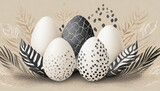 weiße Eier mit schwarzem Muster, minimalistisch mit neutralem beigen Hintergrund
