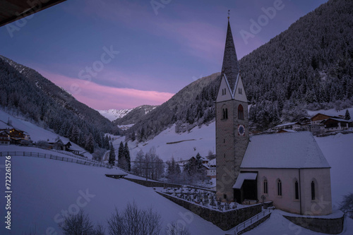 church of val di mezzo at sunrise in southtyrol photo