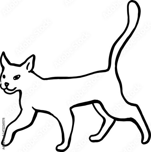 An adult domestic cat is walking. Linear vector drawing. For printing on products, advertising veterinary hospitals, farms. For printing on pet products. Images of animals in graphics. Happy pets