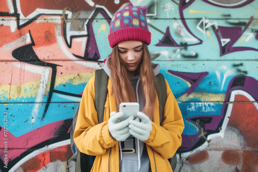 Fototapeta premium Trendy Teen Girl with Smartphone Against Vibrant Graffiti Wall