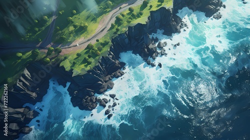 Aerial view of a coastal cliff with waves crashing against the rocks below