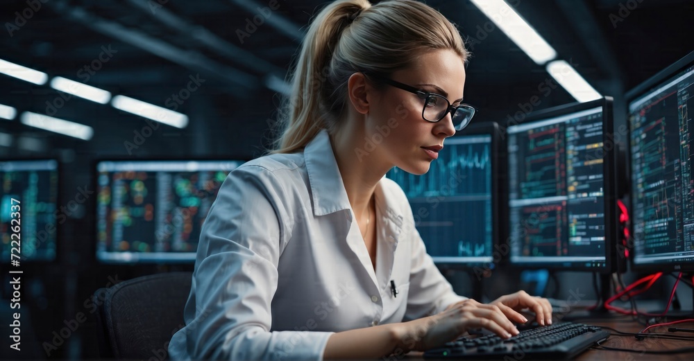 Captivating 4K image a woman IT specialist writing code for device network upkeep with a 50mm lens Captivating 4K image a woman IT specialist writing code for device network upkeep with a 50mm lens