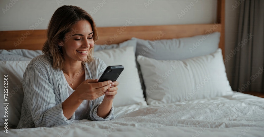Capturing the happiness of a young woman on bed, phone in hand Capturing the happiness of a young woman on bed, phone in hand