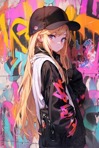Captivating Anime Girl. The Essence of Beauty Meets Graffiti Artistry.