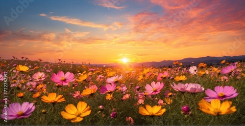 Colorful cosmos Sunlit field with yellow, pink, and orange blooms
