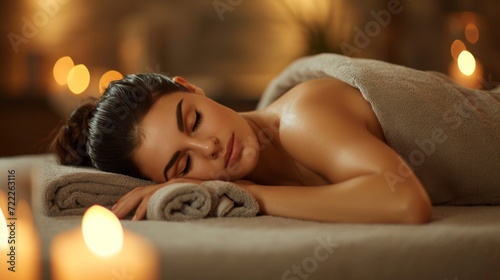 young woman lying down with her eyes closed, appearing to be in a receiving a spa treatment photo