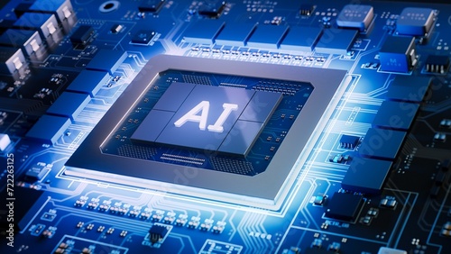 Close-up of GPU Microchip with Glowing AI Letters . Next-generation Artificial Intelligence Acceleration Card for for High-Performance Computing inside Data Centers and Supercomputers.