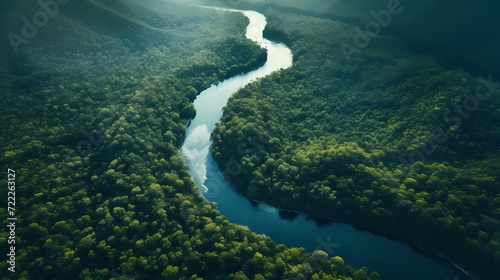 Aerial view of a river winding through a dense forest, creating a peaceful natural scene © CREATER CENTER