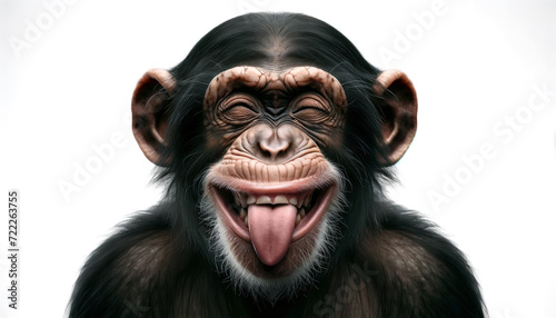 A close-up of a chimp with a humorous expression, sticking out its tongue. Playful Chimpanzee funny with gesture Sticking Out Tongue © angellodeco