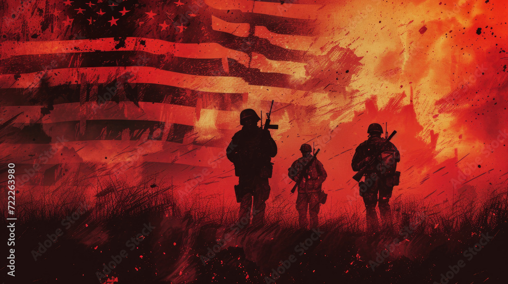 American Soldiers with American Flag in Background, Illustration of Freedom and War, Generative AI