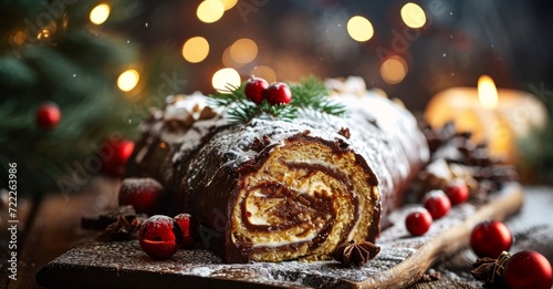 christmas log, traditional christmas cake, buche de noel, chocolate, pastry, decorated with christmas themed elements, meal and tradition, light and christmas tree in the background, Generative AI