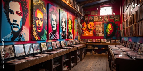 Colorful music record shop with vibrant vinyl album art on display