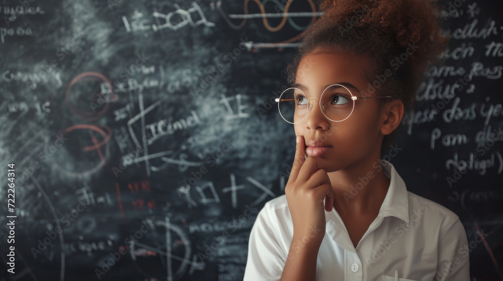 thoughtful young student standing in front of a blackboard filled with complex scientific formulas thoughtful young student standing in front of a blackboard filled with complex scientific formulas