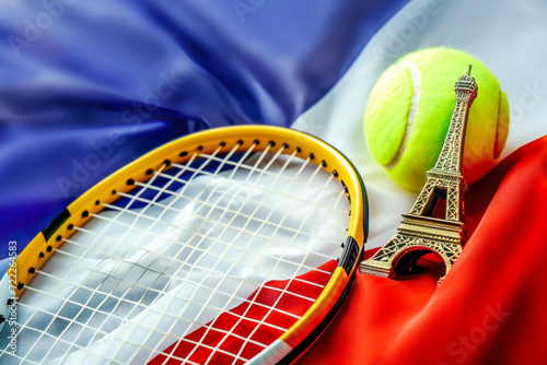 Tennis. Sport composition with yellow tennis ball, souvenir of eiffel tower and yellow tennis racket on french flag background. Concept of competitions, tournaments and sports in France photo