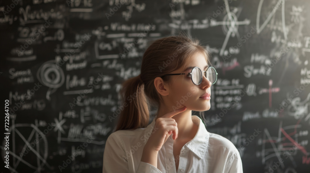thoughtful young student standing in front of a blackboard filled with complex scientific formulas thoughtful young student standing in front of a blackboard filled with complex scientific formulas