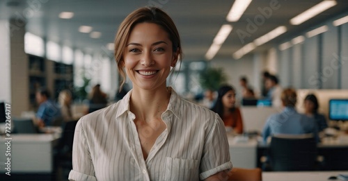 In the professional setting, a warmly smiling and approachable woman in casual attire exudes positivity, bringing a sunny energy to the office environment.